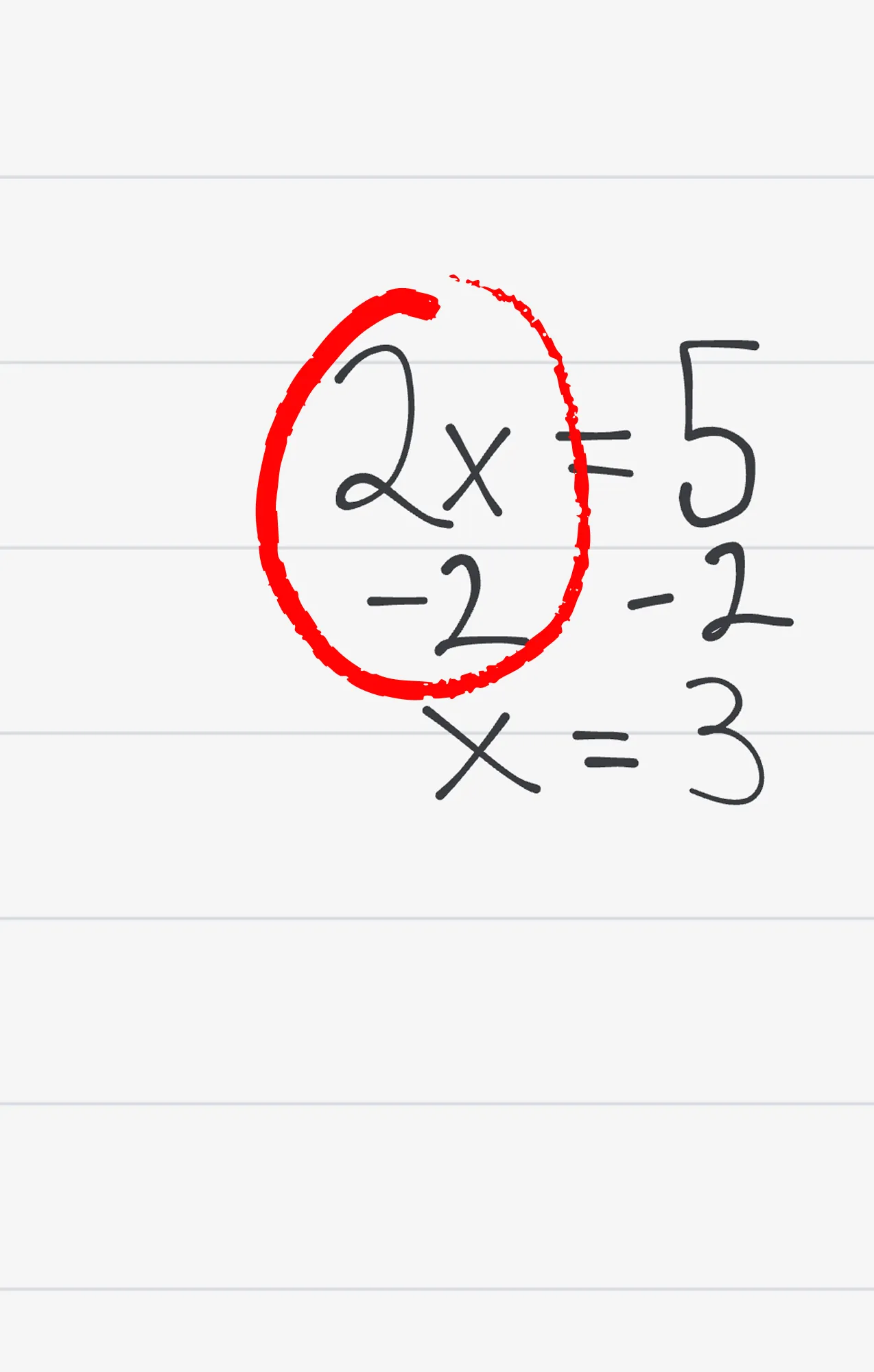 Student work: 2x = 5, subtracts 2 instead of dividing