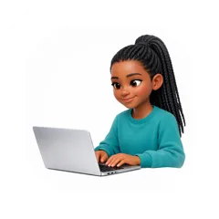 Animated student Marissa using a laptop